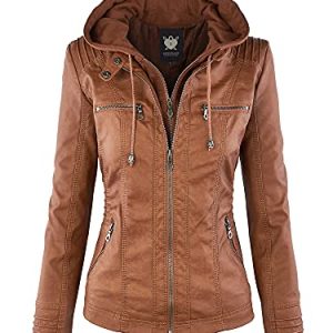 Women's Faux Leather Moto Biker Jacket Coat with Removable or Non-Removable Hood