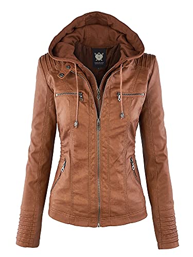 Women's Faux Leather Moto Biker Jacket Coat with Removable or Non-Removable Hood
