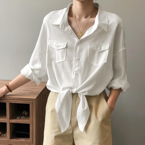 Womens Button Down V Neck Shirts 3/4 Sleeve Tie Front Loose Office Business Shirt Blouse Summer Casual Tops