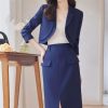 Women Solid Long Sleeve Notch Collar Cropped Jacket High Waist Split Straight Pencil Skirt 2 Piece Suits Sets
