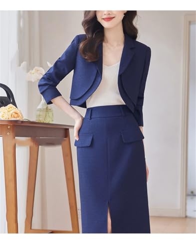 Women Solid Long Sleeve Notch Collar Cropped Jacket High Waist Split Straight Pencil Skirt 2 Piece Suits Sets