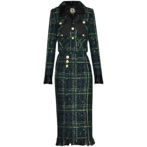 Women Winter Plaid Tweed Skirts Suit Bow Beading Long Sleeve Jacket Tassel Skirt 2 Pieces Set