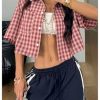 Women's Button Down Vintage Plaid Shirts Short Sleeve Crop Blouses Preppy Clothes