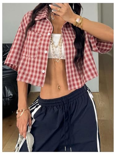 Women's Button Down Vintage Plaid Shirts Short Sleeve Crop Blouses Preppy Clothes