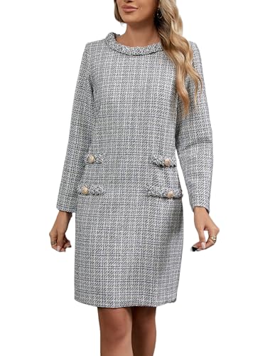 Women's Long Sleeve Tweed Mini Dress Business Work Short Dress Elegant Cute Party Dresses