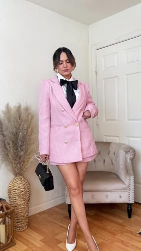 Womens 2 Piece Tweed Blazer Shorts Sets Long Sleeve Double Breasted Suit Jackets Business Outfit