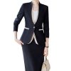 Women Business Suits V-Neck Single Button Slim Fit Formal Blazer Midi Wrap Hip Pencil Skirt 2 Piece Sets
