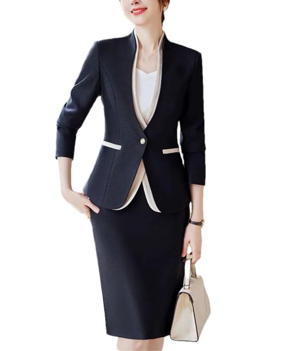 Women Business Suits V-Neck Single Button Slim Fit Formal Blazer Midi Wrap Hip Pencil Skirt 2 Piece Sets