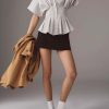 Casual Striped Button Down Shirts for Women Lapel V Neck Pleated Short Sleeve Blouse Peplum Tops Business Work Tops
