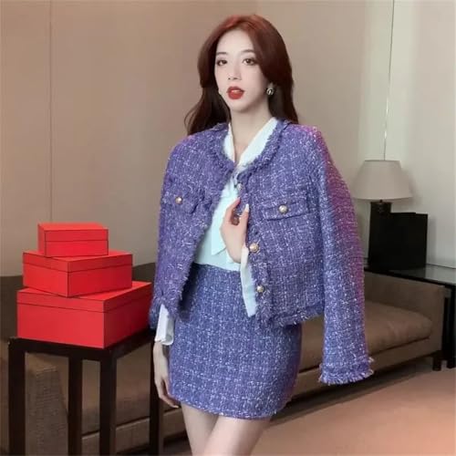 Women's Tweed Two Pieces Set Winter Long Sleeves Jacket Coat + Office Skirt Suits