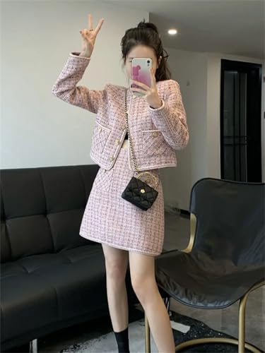 41SuJGJuX3L.jpg Women Crop Top Woolen Short Jacket Coat Mini Skirts Sets Pink Two Piece Suits