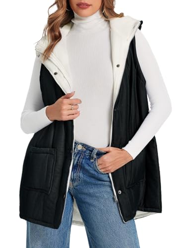 Womens Long Puffer Vests Outerwear Hooded Button Down Gilet Sleeveless Warm Winter Coats Jackets