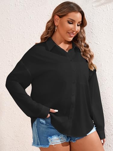 Women's Plus Size Button Down Shirts Long Sleeve Polo Blouses Fall Business Casual Tops with Pocket