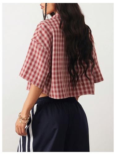 Women's Button Down Vintage Plaid Shirts Short Sleeve Crop Blouses Preppy Clothes