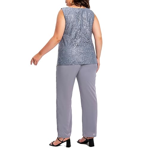 Plus Size Elegant Mother of The Bride Pant Suits Chiffon Pant with Women's Tank Top and Sequin Lace Jacket Evening Gown