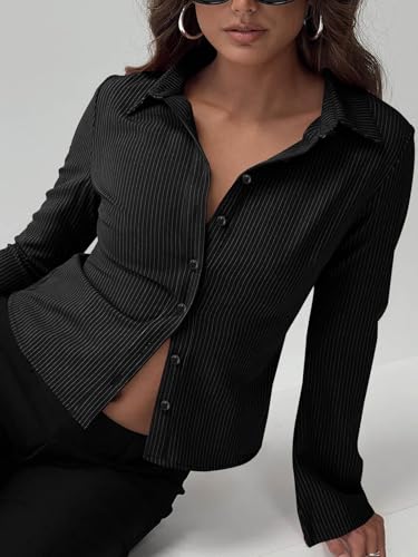 Women??s Button Down Shirts Striped Long Sleeve Collared Casual Work Blouses Tops 2025 Trendy Outfits