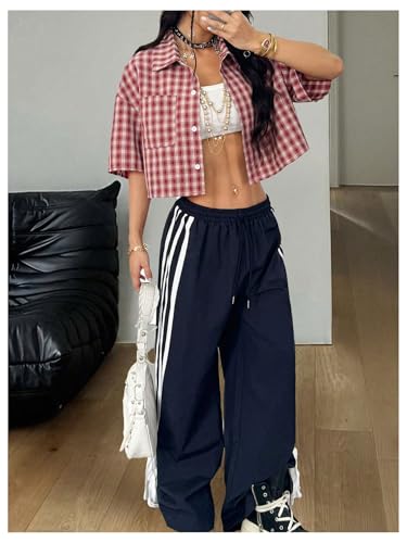 Women's Button Down Vintage Plaid Shirts Short Sleeve Crop Blouses Preppy Clothes