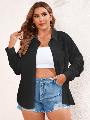 Women's Plus Size Button Down Shirts Long Sleeve Polo Blouses Fall Business Casual Tops with Pocket