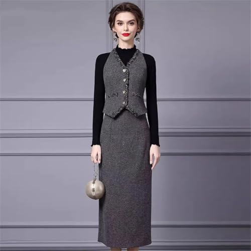 Women Elegant Office and Business Suit V-Neck Long-Sleeved Single-Breasted Tank Skirt 2 Piece Set