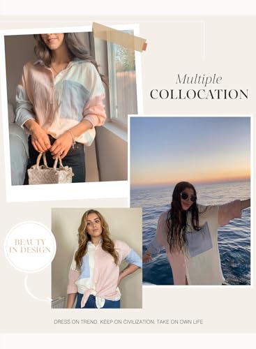 Womens Color Block Button Down Shirts Long Sleeve Oversized Boyfriend Blouses Tops