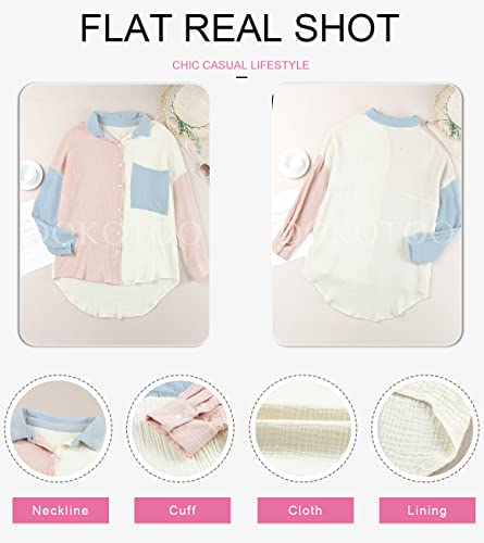 Womens Color Block Button Down Shirts Long Sleeve Oversized Boyfriend Blouses Tops