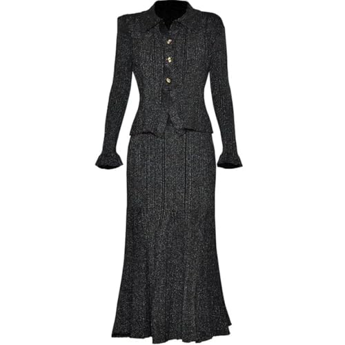 Women Suit Turn-Down Collar Single-Breasted Long-Sleeved Tops Elastic Waist Slim Skirt 2 Piece Set