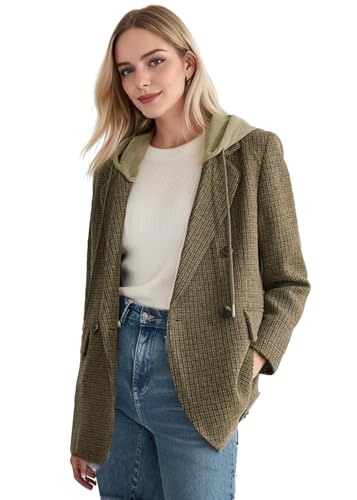 2025 Women's Spring Hooded Blazer Jacket Double-Breasted Oversize Loose Fully-Lined Work Office Suit with Pockets