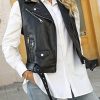 Women Lapel Sleeveless Motorcycle Jacket Zip Up Waistcoat PU Leather Vest with Belt Black