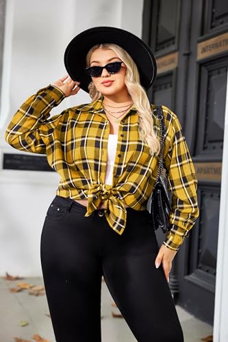 Womens Plus Size Flannel Shirts Plaid Shirts Long Sleeves Casual Button Down Collared Shacket Tops