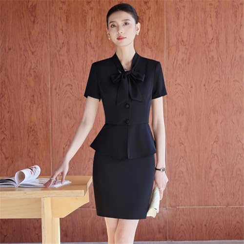 Women's Solid Color Short-Sleeved V-Neck Single-Breasted Bow-Decorated Suit Skirt Two-Piece Suit