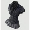 Women's Striped Button Down Shirt Ruched Short Sleeve Fitted Work Blouses
