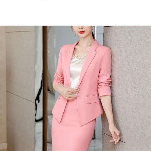 Women Pink Business Suit Long Sleeve Blazers Skirt Office Work Wear Elegant Career Two Piece Set