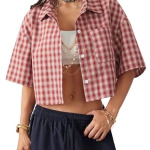 Women's Button Down Vintage Plaid Shirts Short Sleeve Crop Blouses Preppy Clothes