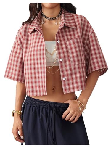 Women's Button Down Vintage Plaid Shirts Short Sleeve Crop Blouses Preppy Clothes