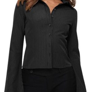 Women??s Button Down Shirts Striped Long Sleeve Collared Casual Work Blouses Tops 2025 Trendy Outfits