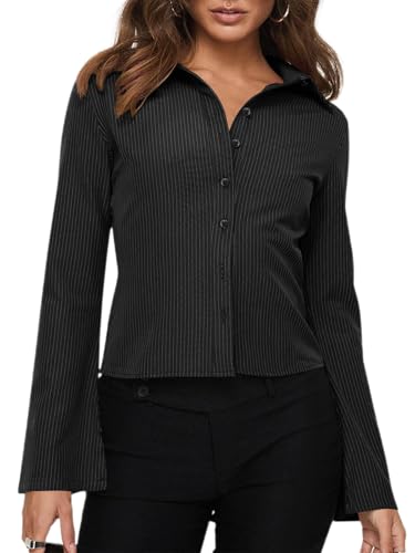 Women??s Button Down Shirts Striped Long Sleeve Collared Casual Work Blouses Tops 2025 Trendy Outfits