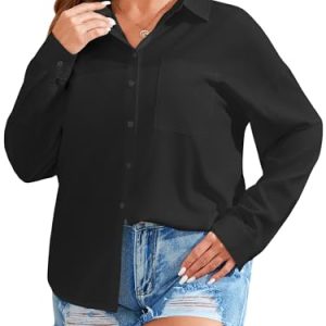 Women's Plus Size Button Down Shirts Long Sleeve Polo Blouses Fall Business Casual Tops with Pocket