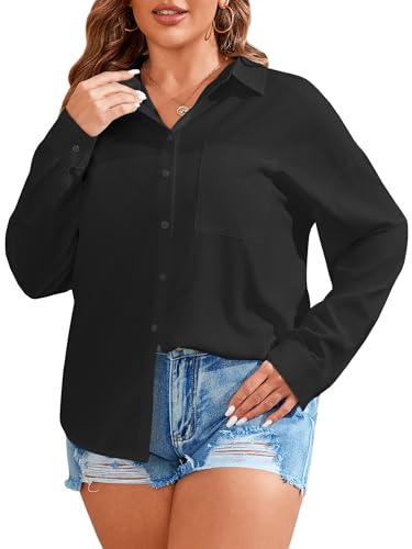 Women's Plus Size Button Down Shirts Long Sleeve Polo Blouses Fall Business Casual Tops with Pocket
