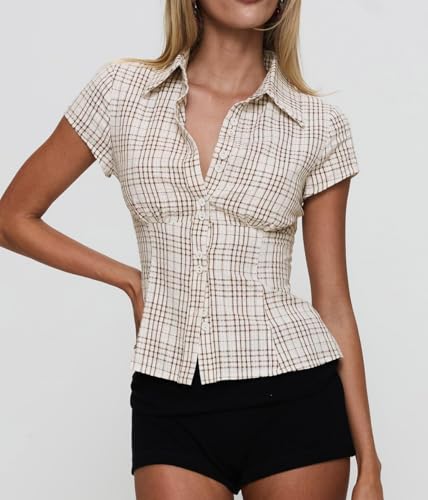Women Y2K Cap Sleeve Button Down Shirt Slim Fit Crop Coquette Shirt V Neck 90s Vintage Preppy Blouse Top