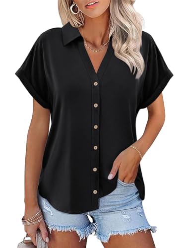 Women's Short Sleeve Polo Tops Summer Button Down Collared T Shirts Casual Cute Ladies Tees