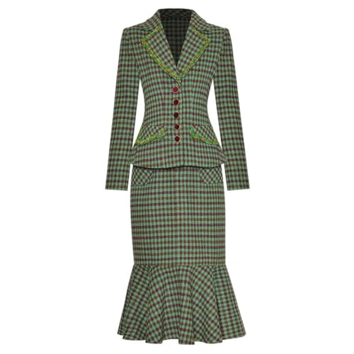 41f1KsxTQFL.jpg Women Long Sleeve EN8 Plaid Print Coat Mermadi Skirt Two Pieces Suit Skirts Set