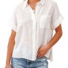 Womens Summer Cotton Linen Short Sleeve Button Down Shirt Collared V-Neck Loose Fit Blouse Beach Office Tops