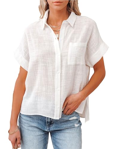 Womens Summer Cotton Linen Short Sleeve Button Down Shirt Collared V-Neck Loose Fit Blouse Beach Office Tops