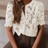 Womens 2025 Spring Lace Tops Short Puff Sleeve Casual Dressy Blouses Eyelet Crew Neck Button Down Shirts