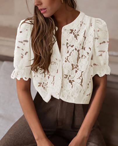 Womens 2025 Spring Lace Tops Short Puff Sleeve Casual Dressy Blouses Eyelet Crew Neck Button Down Shirts
