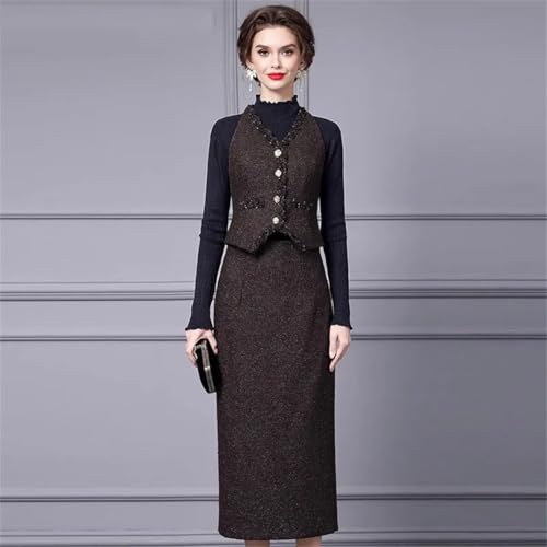 Women Elegant Office and Business Suit V-Neck Long-Sleeved Single-Breasted Tank Skirt 2 Piece Set