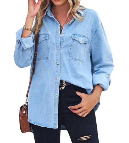 Women's Spring Long Sleeve Denim Jean Shirts Button Down Shirt Business Casual Tops