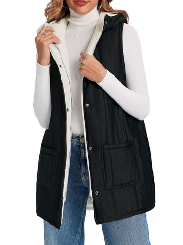 Womens Long Puffer Vests Outerwear Hooded Button Down Gilet Sleeveless Warm Winter Coats Jackets
