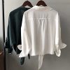 Womens Button Down V Neck Shirts 3/4 Sleeve Tie Front Loose Office Business Shirt Blouse Summer Casual Tops