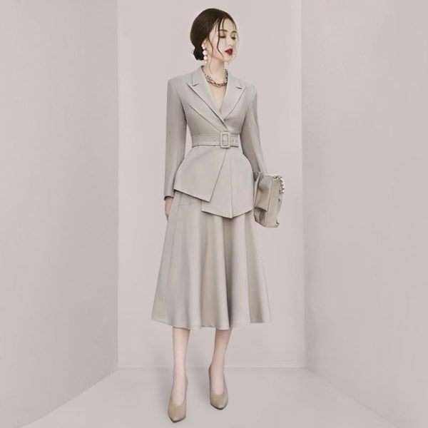 41iVuOPiQ0L.jpg Women's Skirt Suit Spring Autumn Belted Long Sleeve Blazer Loose Casual Skirt 2 Piece Set for Women